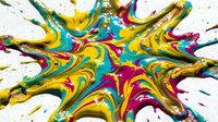 Vibrant liquid paint swirls in yellow, teal, magenta and gold create an energetic abstract composition with dynamic flowing patterns and splashes.