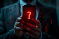 Glowing red question mark on smartphone screen held in dark environment, creating mysterious atmosphere for cybersecurity, digital threat, or technology uncertainty concept.
