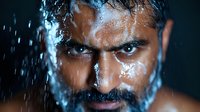 Close up portrait of wet bearded Hispanic man with intense gaze and water drops on face against dark background, dramatic lighting creates moody atmosphere.