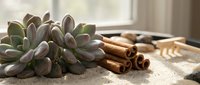 Succulent plants with cinnamon sticks on rustic wooden surface in warm natural light for spa wellness aromatherapy and home decor concepts.