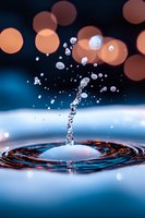 Water drop splash creating crown shape with floating droplets against blurred bokeh lights and blue background, captured in macro photography.
