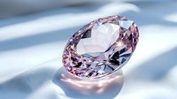 Pink brilliant cut diamond gemstone with facets reflecting light on soft blue background with natural shadows, luxury jewelry and precious stone photography.