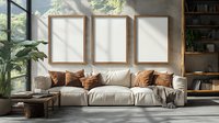 Modern living room interior with three blank frames above white sofa, brown cushions, natural light through window, houseplants and wooden furniture. Mockup for wall art.