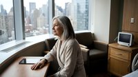 Confident mature businesswoman with gray hair sitting at office desk near window overlooking city skyline, professional corporate executive in beige blazer.