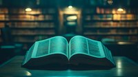 Open book with glowing pages in dark library setting, illuminated by soft ambient lighting creating mystical atmosphere. Pages emit ethereal turquoise glow against wooden surface.
