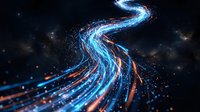 Glowing blue and orange light trails curve through dark space with sparkling particles, representing data flow, digital transformation, technology innovation, and futuristic connectivity concepts.