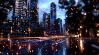 Modern cityscape at night with glowing skyscrapers and light trails on wet streets, creating magical bokeh effect through raindrops. Atmospheric urban scene with reflections.