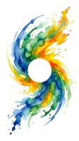 Vibrant watercolor swirl with circular white center, flowing blue, green, yellow and orange splashes. Isolated on white background, ready for design use.