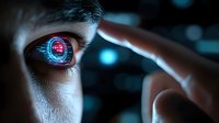 Futuristic cybernetic eye with digital interface and glowing red crosshair target system in close-up view of human face with finger pointing gesture.