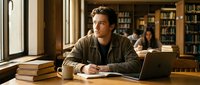 Young Caucasian male student studying with laptop and books in university library, academic research and learning environment for educational content.