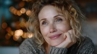 Mature Caucasian woman with curly blonde hair and blue eyes smiling gently with hand on chin against blurred bokeh lights background. Conveys contentment and wisdom.