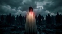 Young woman with long reddish-brown hair wearing flowing white gown with glowing red heart symbol on chest, standing among silhouetted crowd under dramatic stormy sky. Suitable for fantasy, spirituality, and emotional storytelling concepts.