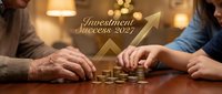 Elderly and young hands stacking coins on wooden table with golden arrow and Investment Success 2027 text, symbolizing financial growth.
