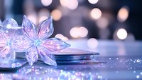 Glowing crystal flowers with soft pink and blue hues rest on reflective surface against blurred bokeh background creating magical atmosphere for festive designs.