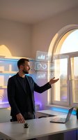 Professional businessman interacting with futuristic holographic interface displaying data analytics in modern office with warm lighting and laptop.