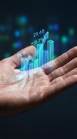Hand holding holographic financial data visualization with glowing bar charts and growth statistics for business analytics, investment strategy, and digital financial management concepts.