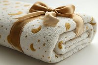 Rolled cream towel with gold moon and star pattern tied with satin bow, perfect for spa, bath, gift wrapping, wellness, and home decor projects.