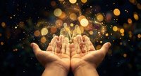 Open hands holding glowing golden family figures with warm bokeh lights creating magical atmosphere for protection and care concepts.