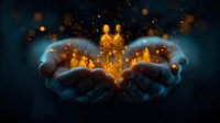 Magical glowing golden crown floating above cupped hands with sparkles and light particles against dark background, creating mystical atmosphere and fantasy concept.