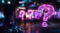 Man looking at glowing neon purple question mark against dark urban background with bokeh lights. Mystery and uncertainty concept for business challenges and decisions.