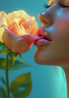 Sensual close up of glossy red lips near delicate peach rose against turquoise background, creating romantic and dreamy atmosphere for beauty and lifestyle content.