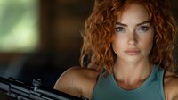 Young athletic Caucasian woman with curly red hair in green tank top looking at camera with confident expression in gym setting for fitness lifestyle content.