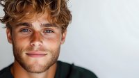 Young Caucasian male with curly blonde hair, blue eyes and stubble beard smiling confidently against white background. Close-up portrait showing genuine expression.