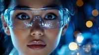 Young Asian female scientist wearing protective safety goggles in modern laboratory with blue bokeh lights background for research and technology concepts.