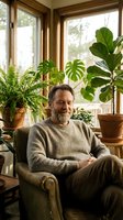 Mature Caucasian man with beard relaxing in cozy armchair surrounded by lush houseplants near wooden windows. Comfortable home interior lifestyle concept.