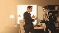 Two professional businessmen in suits having animated discussion in modern office environment with warm lighting and bookshelves in background.