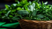 Fresh sage and mixed herbs in woven basket against dark background, aromatic cooking ingredients with textured green leaves and natural lighting.