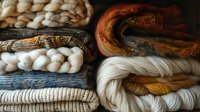 Natural wool yarn skeins in cream, orange and gray shades stacked together. Close up of twisted merino fiber threads showing soft texture and crafting materials.