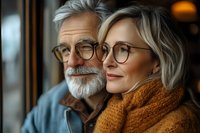 Happy senior couple with glasses embracing warmly in cozy indoor setting, showing love and companionship in golden years of marriage and retirement.