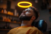 Young bearded Caucasian man in yellow sweater with glowing halo ring above head resting in barber chair, profile view against dark background, spiritual concept.
