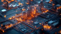 Illuminated industrial refinery plant at night with glowing orange lights and blue tones, aerial tilt-shift view showing miniature effect of petrochemical facility.