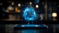 Futuristic holographic sphere projection emerging from smartphone screen with glowing blue particles and bokeh lights in modern tech environment.