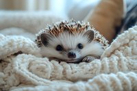 Adorable African pygmy hedgehog peeking out from soft white knitted blanket, close-up portrait showing spiky quills and cute black eyes. Perfect for pet care content.