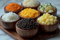 Wooden bowls filled with colorful spices and ingredients including black peppercorns, turmeric powder, mashed potatoes, rice, and diced potatoes arranged on serving board.