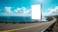 Blank white billboard on coastal highway with ocean view and blue sky, mockup template for outdoor advertising campaigns and promotional displays.