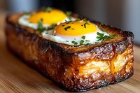 Crispy golden brioche bread boat filled with sunny side up eggs and fresh herbs, served on wooden surface. Close up view of gourmet breakfast dish.