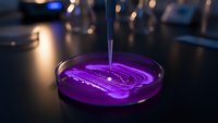 Purple liquid being poured into petri dish in laboratory setting with dramatic lighting for scientific research and experimentation concepts.