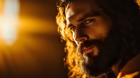 Dramatic portrait of bearded middle eastern man in golden sunset light with mysterious smile and intense gaze, illuminated profile against dark background.