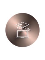 Rose gold gradient circle icon featuring graduation cap and laptop symbols representing online education and digital learning platforms.