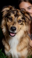 Smiling Australian Shepherd mix dog with brown and white fur close-up portrait outdoors. Expressive amber eyes and fluffy coat against dark background.