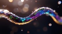 Abstract flowing wave with iridescent rainbow colors and sparkling particles on dark background for digital art and creative design projects.
