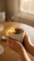 Person holding steaming cup of tea with lemon slice in bright sunlit room, warm beverage moment for wellness and relaxation content.
