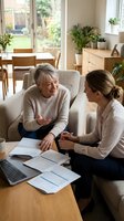 Senior woman with short gray hair and Caucasian ethnicity discussing documents with younger woman of South Asian descent in bright living room. Both seated in comfortable chairs at wooden table with laptop and paperwork, suggesting financial planning, consultation, or advisory meeting. Natural light streams through garden doors, potted plants and wooden furniture create warm, professional home office environment.