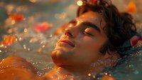 Young Hispanic man floating in water with orange flower petals, eyes closed in peaceful meditation. Golden hour sunlight creates dreamy bokeh effect on rippling surface.