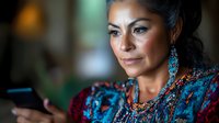 Mature Hispanic woman in traditional colorful attire with turquoise jewelry checking smartphone, side profile portrait with soft natural lighting.