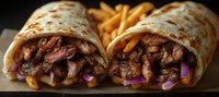 Grilled steak wrap sandwich with tender meat strips, melted cheese, red onions and french fries on dark wooden board, close up view of street food meal.